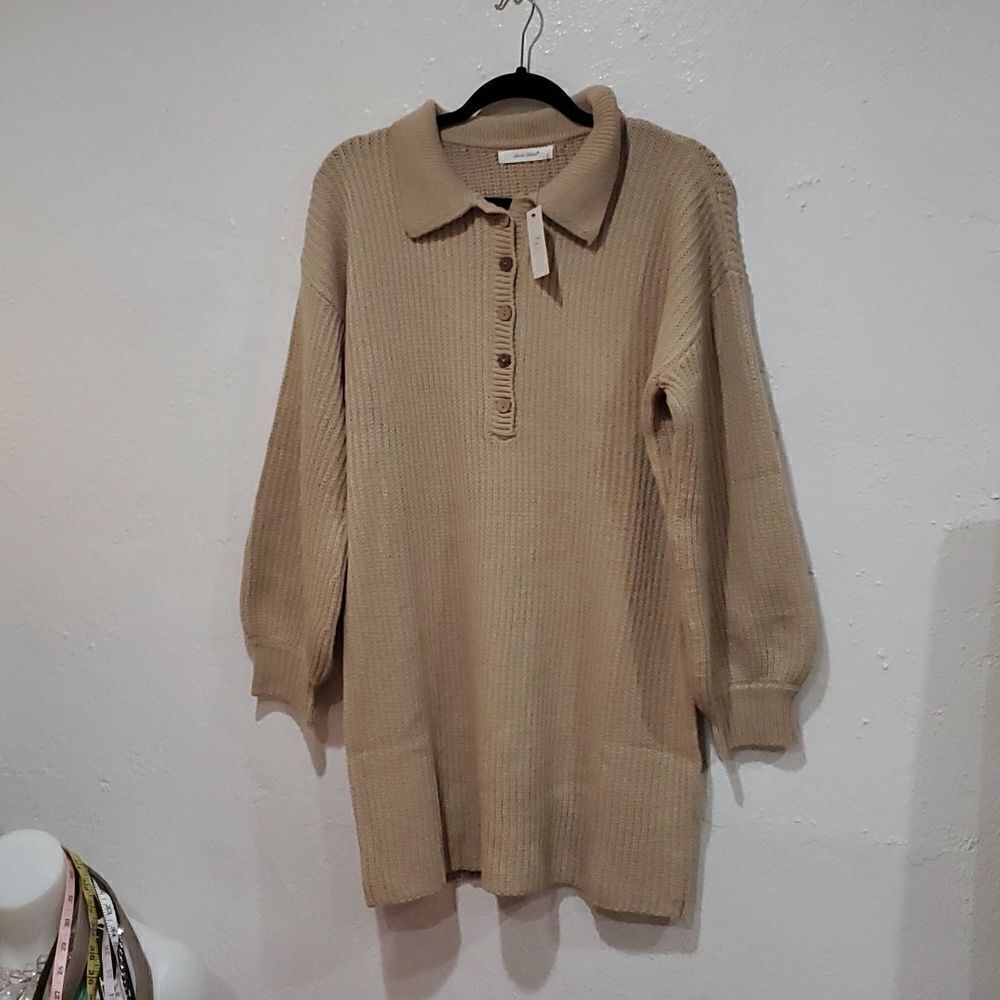 Idem Ditto Button Collar Sweater Dress in Beige with Balloon Sleeves Size S
